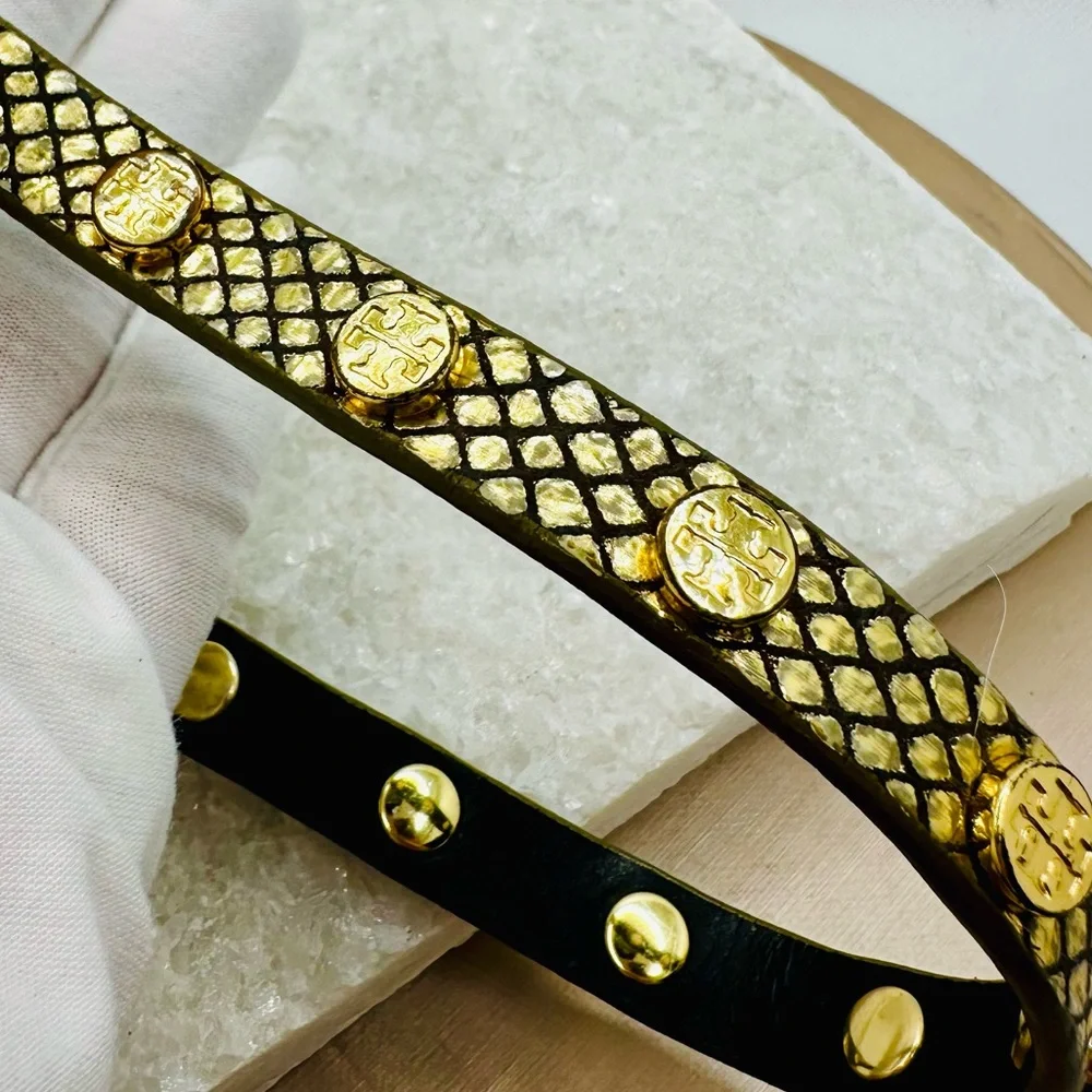 EUC Tory Burch Miller Stud Double Wrap Metallic Gold Exotic Snakeskin Bracelet